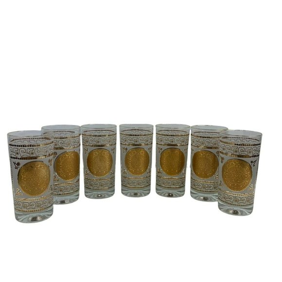 Unbranded Other - Vintage Midcentury Mayan Calendar Tumblers Gilded Frosted Set of 7 MCM Barware